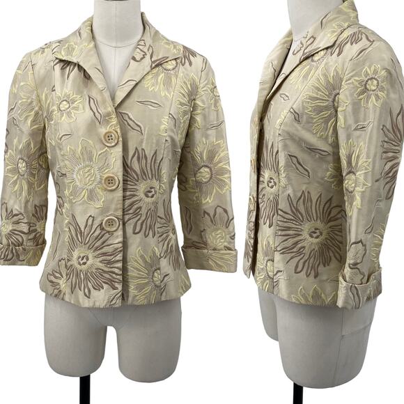Lafayette 148 Silk Embroidered Floral Blazer Fitted Cream Beige Womens 4 Petite - Picture 1 of 12